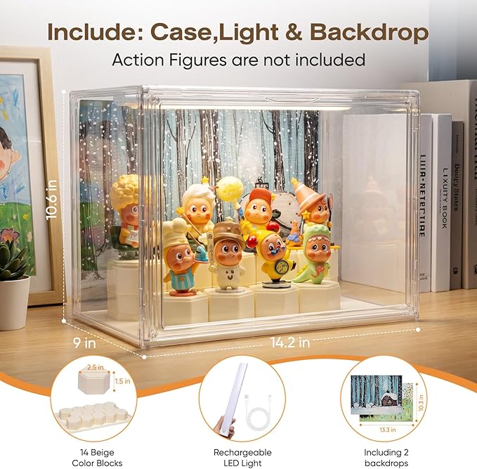 Clear Acrylic Display Cases for Collectibles with LED Light,DIY Scene, with Backdrop, No Dust , No Moisture, for Figures Collection Display Cabinet (36x23x27cm/ 14x 9x10.6 in)