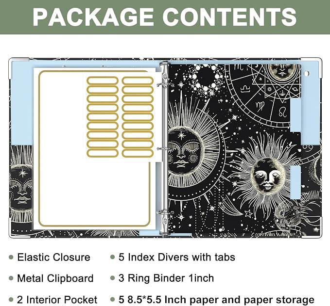 Rouidr Mini 3 Ring Binder with Clipboard, 1 inch Round 8.5 x 5.5 in Cute Binders Organizer with 5 Dividers Tabs & Clear Sleeves, School Supplies, Office Supplies, Sun