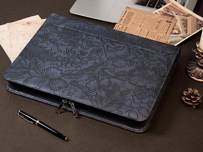 AZXCG Embossed Padfolio for Women,Zippered Padfolio with 3 Ring Binder,Business Portfolio Organizer for Women with A4 Writing Pad Holder, Leather Portfolio Binder for Business,School,Work