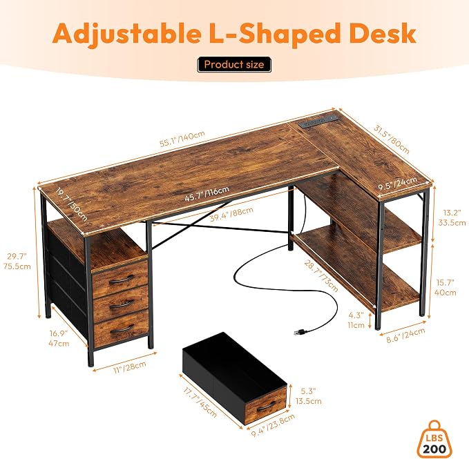 Alpen L Shaped Computer Desk, 55 Inch Corner Desk with Drawers and Power Outlets, Home Office Desk for Gaming, Study Writing PC Table with Storage and Reversible Shelf, Rustic Brown