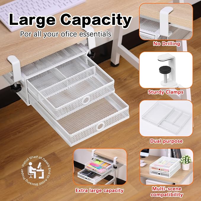 ROSYLINE Under Desk & Desktop Drawer Organizer, 2-Tier Big Capacity | Steel Construction, Clip-On No Drill Installation, Fits A4 Paper, for Office & Household Supplies