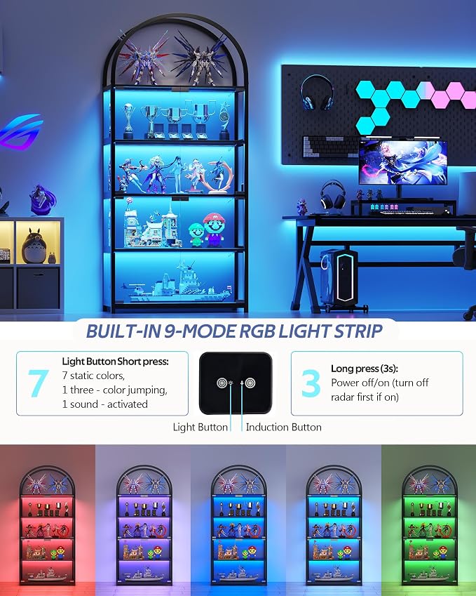 Display Arched Cabinet with Glass Doors, Curio Cabinet for Labubu Display 5-Tier Display Case with 7 Color RGB Lights for Collectibles, Display Cases for Book/Medal/Figure