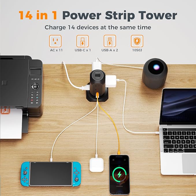 TESSAN Tower Power Strip Flat Plug with 1050J Protection, 10 Ft, Black | 11 Outlets 3 USB (1 USB C), Surge Protector Power Tower, Extension Cord with Multiple Outlets, Dorm, Office Desk Supplies