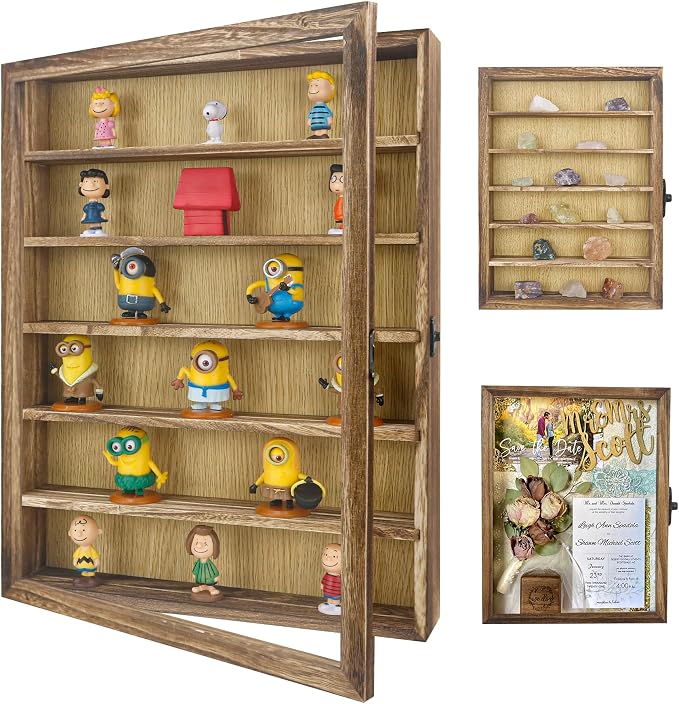 FramePro Shadow Box Frame Display Case 12x16 with Removable Shelves, Deep Memory Box Trinket Knick Knack Shelf Cabinet for Collector, Keepsake Coins Military Medals Wedding Flowers Real Wood