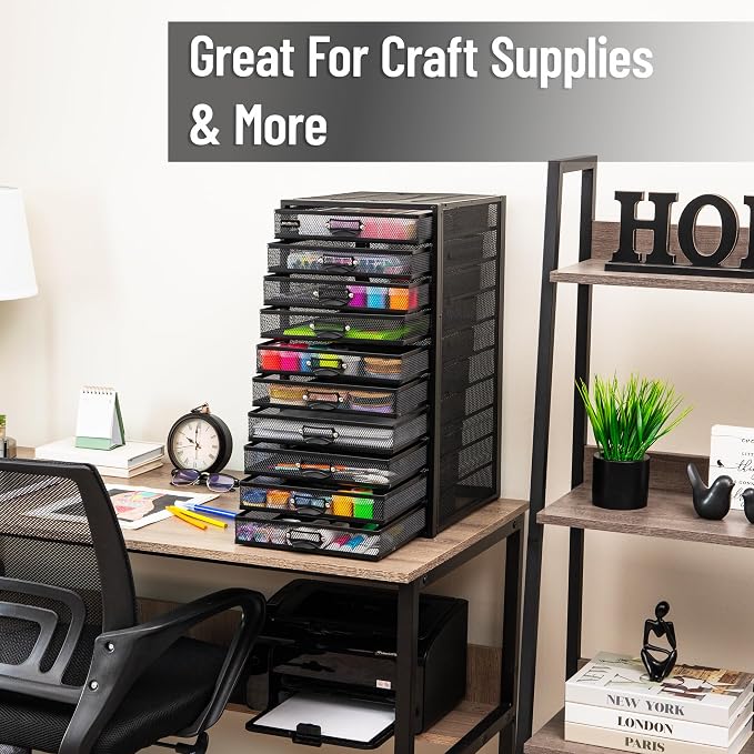 Mind Reader 10-Drawer Desk Organizer for Office Supplies, Crafts, Mail Sorting & More, Metal Mesh, Black