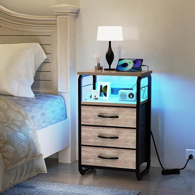runjuly End Table Small with LED Light, Charging Station, and Hooks, Beige | 3 Fabric Drawer Storage, Type C & USB Ports & Power Outlets, Wooden Metal Nightstand, for Living Room / Bedroom / Dorm