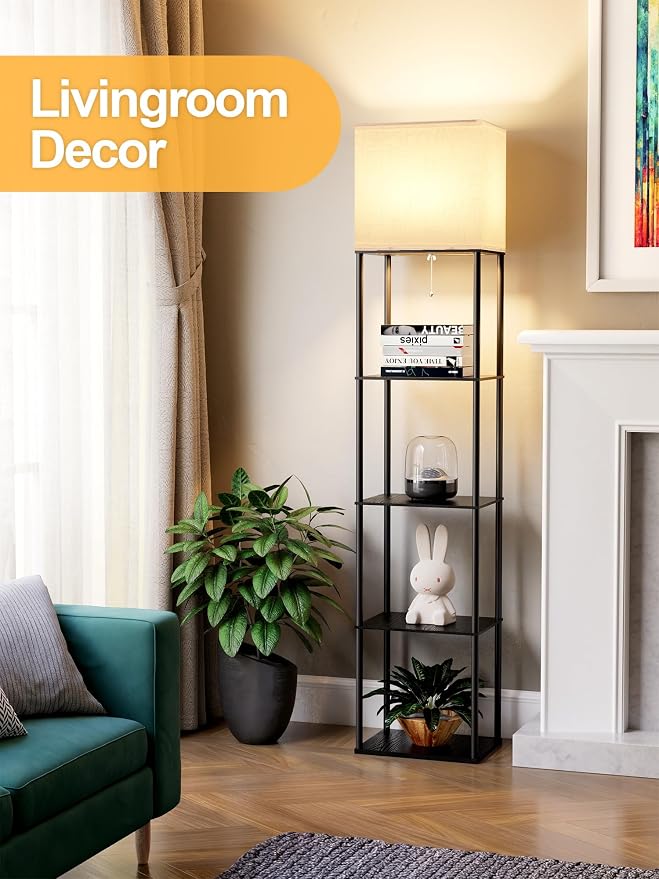 Large Floor Lamp with Shelves, 5-Tier Tall Floor lamp with for Living Room, Shelf Floor Lamp with 3 CCT LED Bulb, Corner Display Standing Column Lamp, Etagere Organizer Tower Nightstand for Bedroom