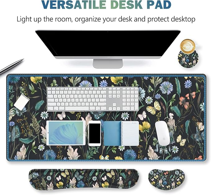 Keyboard Mouse Pad Set, Extended Mouse Pad with Keyboard Wrist Rest Support, Memory Foam Ergonomic Desk Pad Set for Home Office, Flower Leaf Butterfly