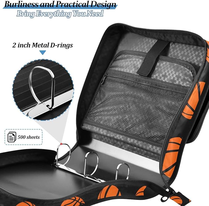 Basketballs Pattern 3 Ring Binder Bag 1.5 inch Binder Organizer with Zipper Shoulder Strap 500 Sheet Documents Storage for School Office