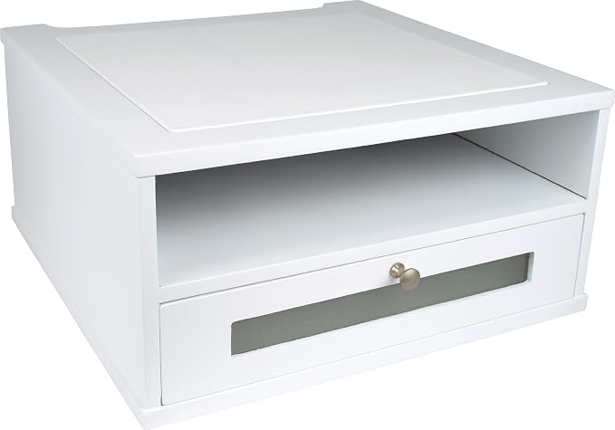 Victor Monitor Riser with Drawer and Storage Shelf - Wood Monitor Stand Desk Organizer with Faux Leather Top, Organize Office Supplies, 13 x 13 x 6.5-Inches, Pure White