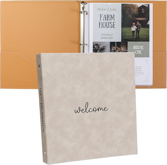 Paper 'n Such Welcome Binder for Short Term Rentals – Grey Faux Leather 3 Ring Folder for Airbnb, Vacation Home, House Manual & Guest Information - Letter Size