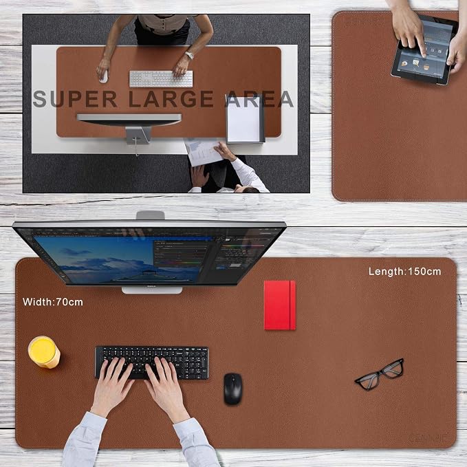 CENNBIE 59"x27.5" Leather Desk Mat Protector, Large Desk Pad XXL (Brown) | Premium Stitched Edges Resist Wear. Waterproof, Non-Slip & Easy To Clean. Protects Desk From Scratches. For Office & Home.