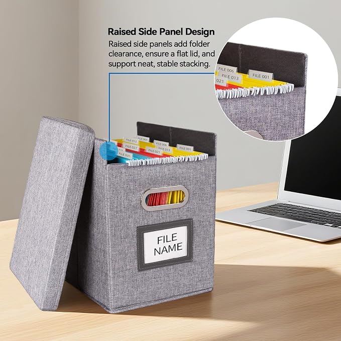 4 Pack Hanging File Folders Organizer with Lid, Letter Size Fabric File Storage Box Collapsible, Portable Office Document Holder with Metal Handle, Smooth PVC Rails, Gray