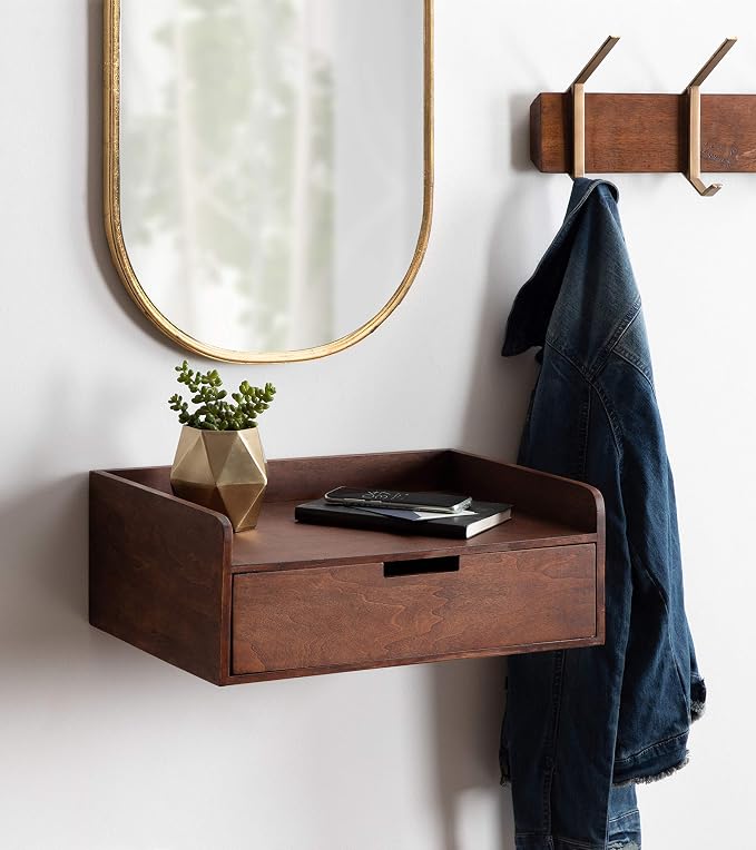 Kate and Laurel Kitt Modern Floating Wall Shelf Side Table with Drawer, 18" x 12" x 6.5", Walnut