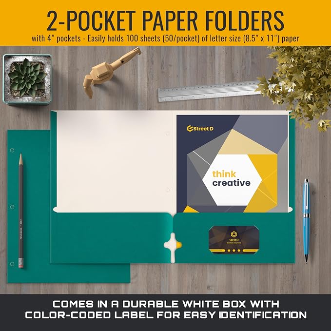 Better Office Products Two Pocket Portfolio Folders, 50-Pack, Teal, Letter Size Paper Folders, 50 Pieces, Teal