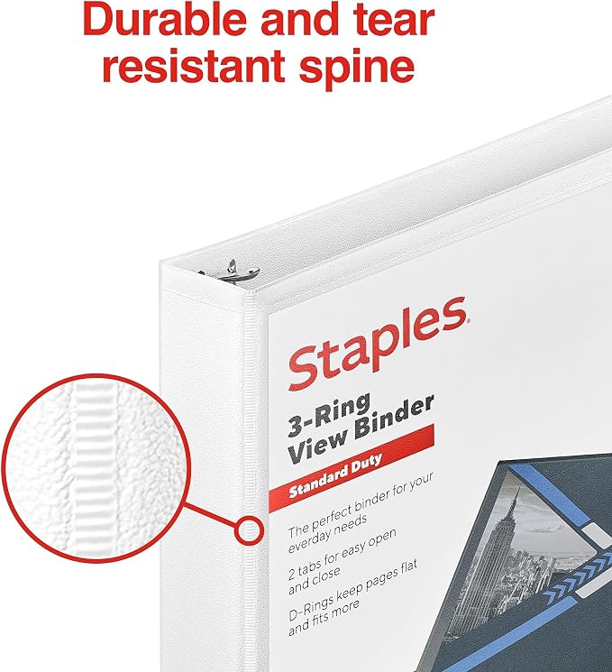Staples 1" 3-Ring View Binder, D-Ring, White, 4/Pack