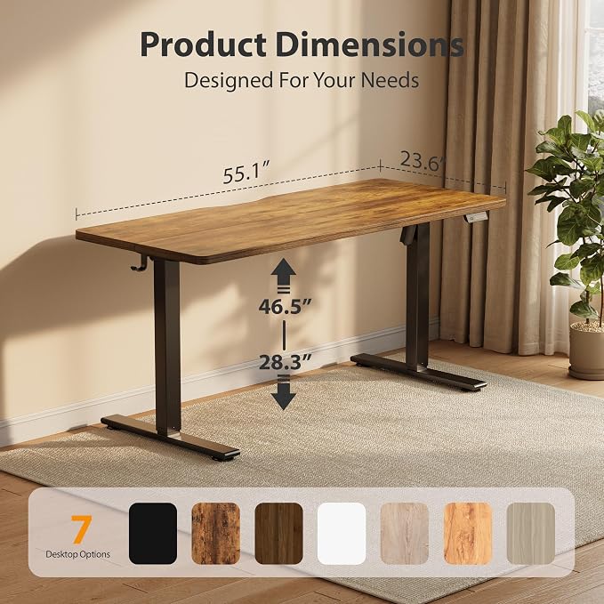 Cubiker Standing Desk, 55x24 Inches Sit Stand Home Office Desk, Electric Stand up Desk, Adjustable Desk with Splice Board, Black Frame/Rustic Brown Top