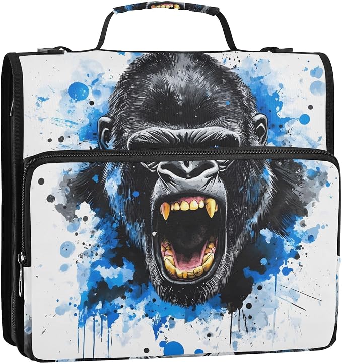 3 Ring Zipper Binder with Shoulder Strap King Kong Blue Face 1.5 inch Binders Keeper Large Capacity Multi Pockets for School Office Supplies