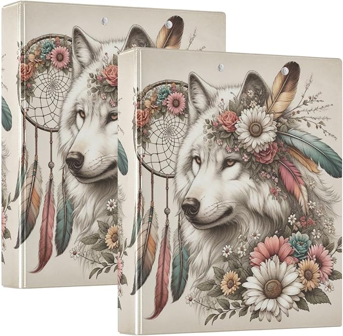 3 Ring Binder, Flower Dreamcatcher Wolf File Folder Holds 200 Sheets File Storage for Women Men School Office Supplie