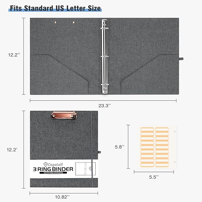 Ospelelf 3 Ring Binder 1 Inch Linen Binder Organizer with Zipper Pouch, Hardcover Clipboards with Storage (8.5" x 11"), 5 Dividers with 10 Pockets, School Binder, Darkgrey