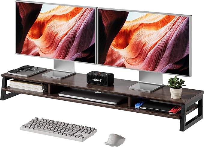 Dual Monitor Stand Riser for Desk, 41.7 Inch Large 2 Tier Computer Monitor Stand for 2 Monitors, Desktop Storage Organizer Shelf with Keyboard Space for Laptop PC Printer Brown