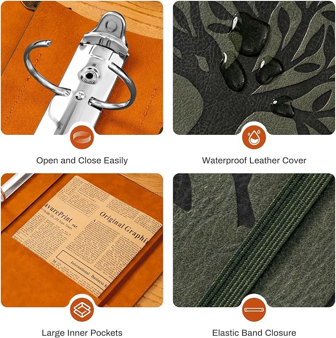 OVESMUSL 2 Pack PU Leather 3 Ring Binder, 2 Inch Green Brown | Fits 8.5x11 letter paper, holds 500 sheets, loose leaf organizer