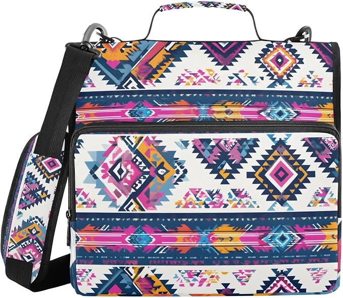 3 D-Ring Zipper Binder Bag, Purple Ethic Aztec Geometric Pattern Removable Binder with Zipper Case Hold 300+ Sheets& 13 Inch Laptop for School Office Supplies Organizer
