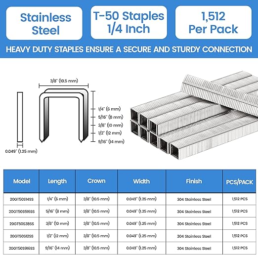 meite T-50 Staple Gun Staples Marine, 1/4 Inch 304 Stainless Steel T-50 Staples, Heavy Duty 20 Gauge 3/8 Inch Crown Upholstery Staple for Marine Applications (10 Packs)
