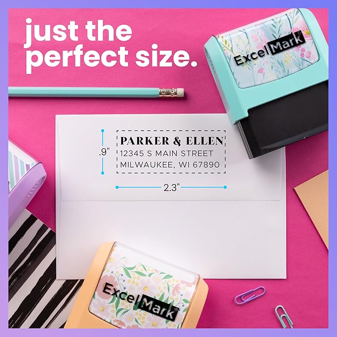 ExcelMark Address Stamp - Custom Return Address Stamp with Elegant Designs, Vibrant Colors & Patterns – Perfect for Mail, Invitations & Gifts (Violet Mount, The Statement)