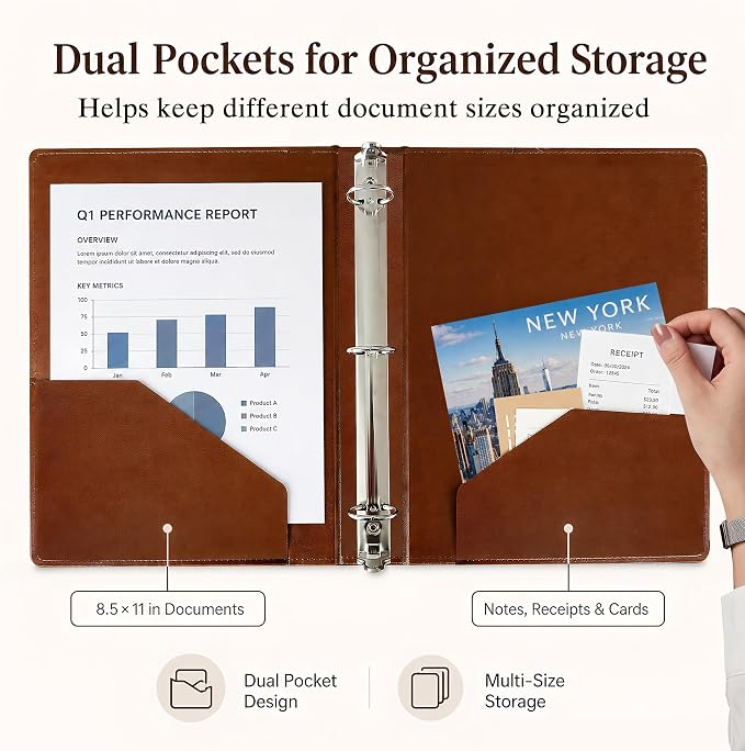 Brown Leather 3-Ring Binder with Round Rings, 1.5-Inch Spine | Fits 8.5 x 11 Paper & Sheet Protectors, Binder Organizer with Pockets for Office, School, Home, Business