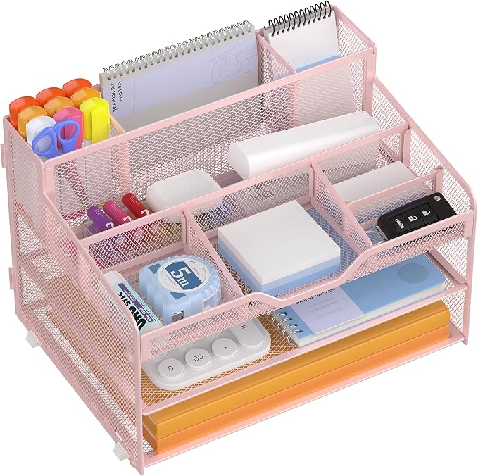 Docnest 3 Tier Mesh Desk Organizer with Letter Tray & Paper Sorter, Pink | Features 3 built-in pen holders & 5 adjustable compartments on top. Includes 4 non-slip rubber feet for desk protection