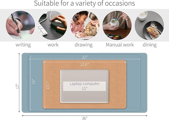 RENMTURE Dual-Sided Mouse Pad, Natural Cork & PU Leather Large Desk Pad for Office and Home Work, Desk Protector Non-Slip, Waterproof, Easy Clean (Blue Gray, 32"x16")