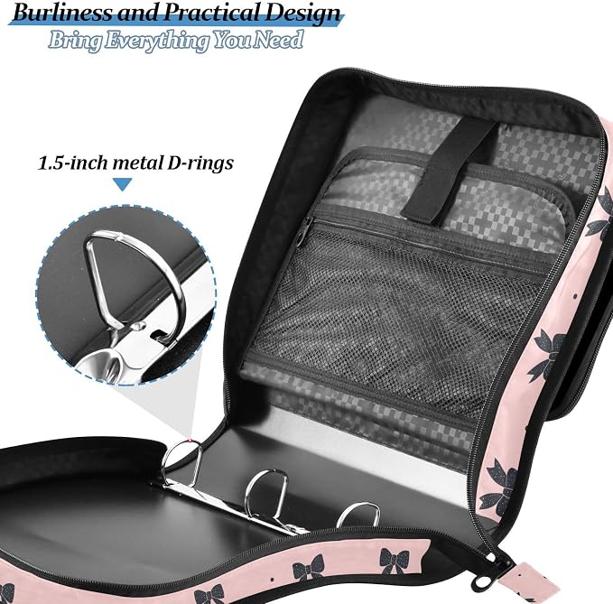 Black Bow Dot Pink Zipper Binder with Shoulder Strap Trapper Keeper 3 Ring Binder Organizer Large Capacity Multiple Compartments for School Office