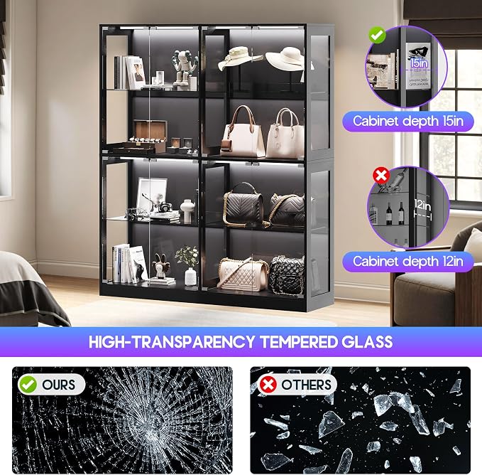 AMERLIFE 60-Inch RGB Display Cabinet with Glass Shelves | 70 H x 60 W x 16 D In, 4-Tier Storage, RGB LED Lights, Press-to-Open Doors, for Collectibles, Black