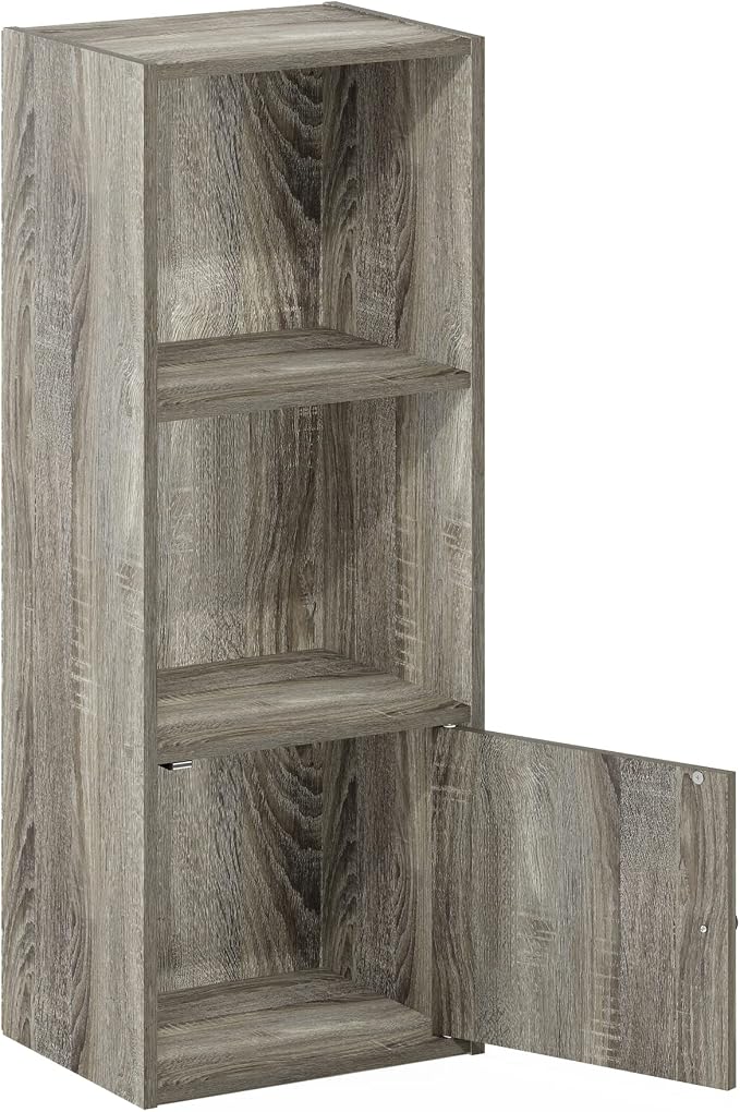 Furinno LUDER Book Shelf, 3-Tier Modern Bookshelf, Bookcase with 1 Door Storage Cabinet, 9.3 x 12 x 31.5, for Organization and Storage, for Living Room, Bedroom, Home Office, French Oak