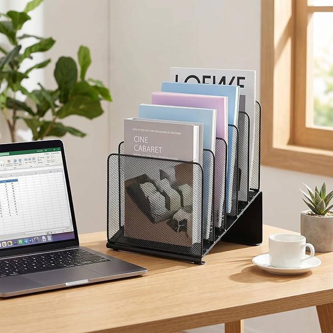 LEKETREE File Organizer for Desk, File Folder Organizer with 5-Section Vertical Rack, Suitable for Home Office Document Organization and Storage(Black 2-Pack)
