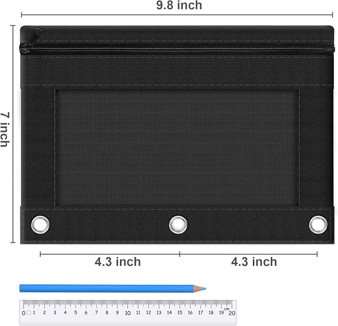 3 Ring Binder Pencil Pouch, 48 Pack Bulk Black Zipper Pencil Cases with Clear Window, Cloth Binder Pouches with 3 Holes, Durable Pencil Bags for Classroom School Office Supplies (Color of Black)