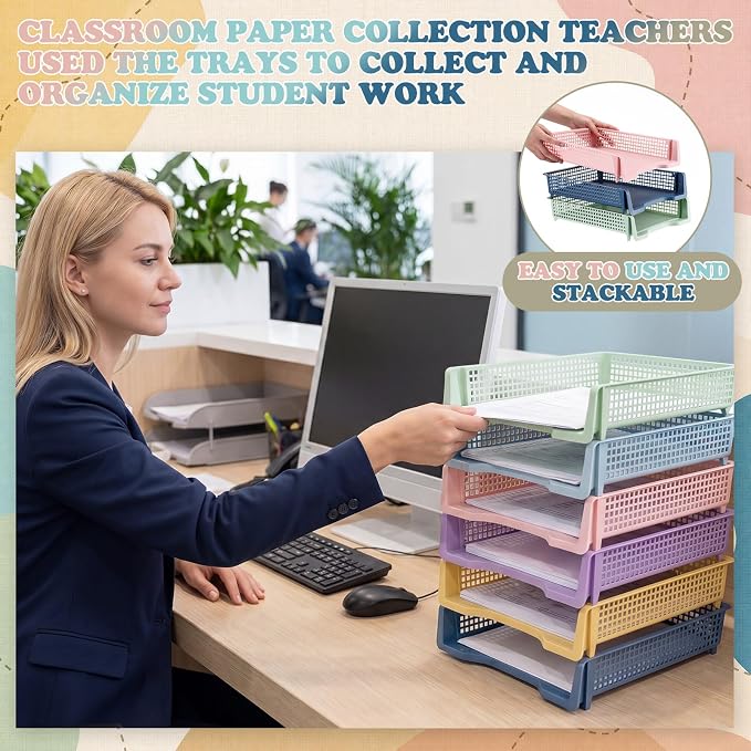 Weysat 6 Pcs Turn in Trays Classroom, Stackable Paper Tray for Classroom Organization Plastic Desk File Organizer Bin Basket for Library Drawer Teacher Office Document Storage (Morandi Pastel,Narrow)