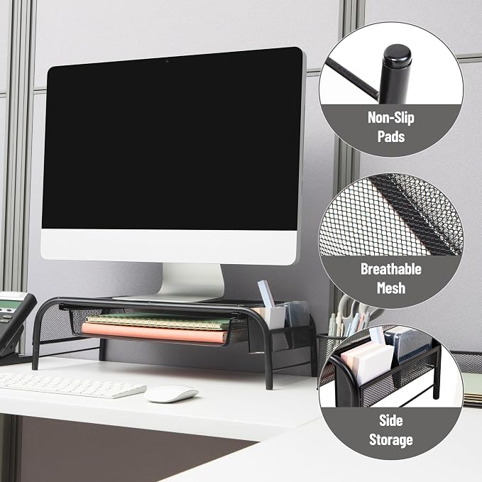 Mind Reader Monitor Stand, Ventilated Laptop Riser, Paper Tray, Office, Metal Mesh, Set of 2, Black