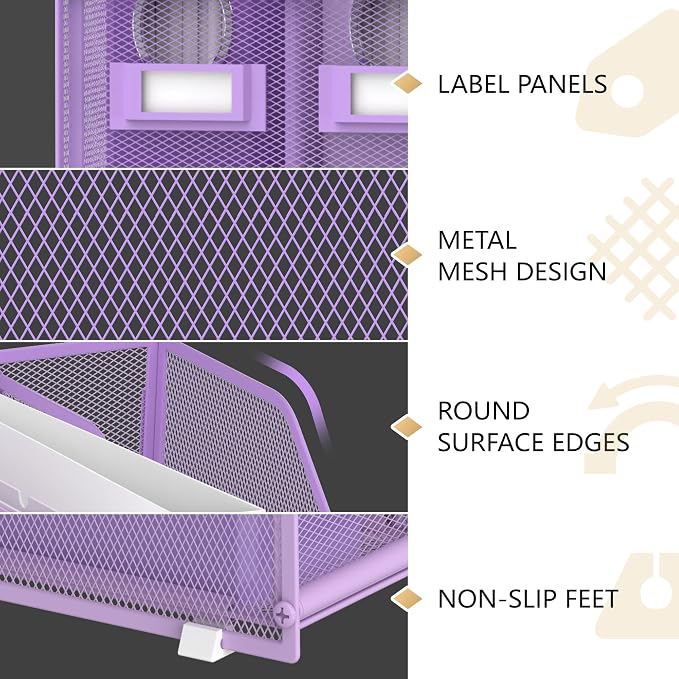 DALTACK 5-Slot Magazine File Holder, Metal Binder Holder, Purple | Iron Mesh Construction, Labeled Sections for Easy Sorting, Anti-Slip Feet, Binder and Folder Storage for Office, Classroom