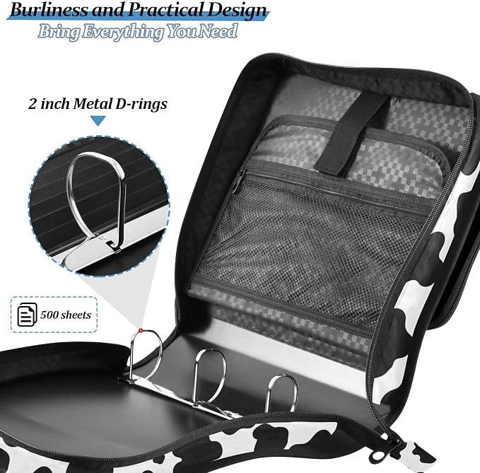 Cow Print 3 Ring Binder Bag 1.5 inch Binder Organizer with Zipper Shoulder Strap 500 Sheet Documents Storage for School Office