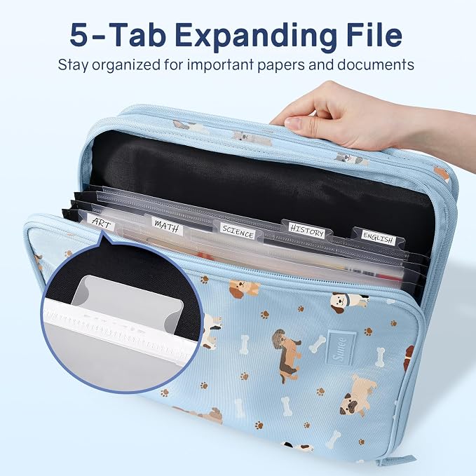 SUNEE Zippered Binder Bag with Handle, 2-Inch 3-Ring O-Ring, 500-Sheet Capacity, Includes Zip Pocket, 5-Tab Expanding File Folder, Multi-Pocket Organizer Binder for Middle School, Blue Dog