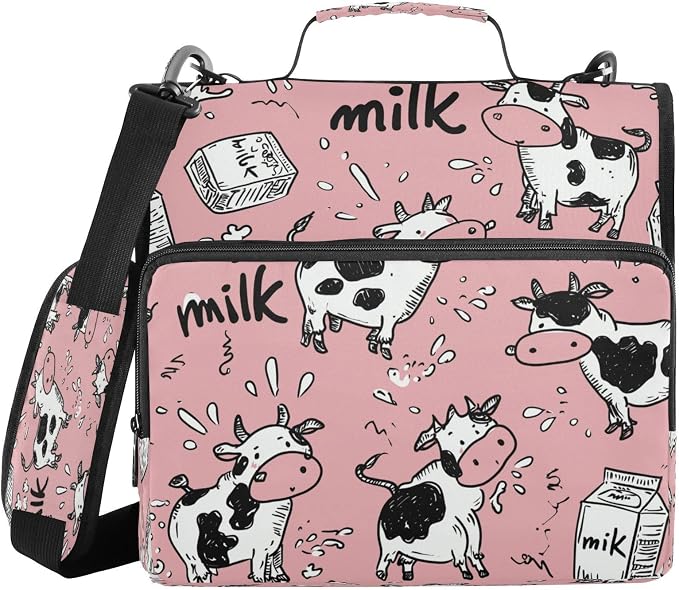 ATTX Cute Cartoon Cows Zipper Binder with Adjustable Padded Strap - 3 Ring 500 Sheet Capacity Binder Bag with Multi-Pocket Organizer, Fits 12 Inch Laptop
