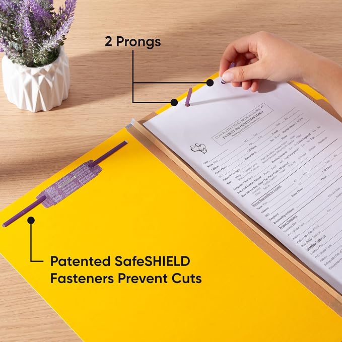 Smead Pressboard Legal Size File Folders with SafeSHIELD Fasteners, 2 Dividers, 2" Expansion, Office Folders, Paper Holder, Yellow, 10 per Box (19034)