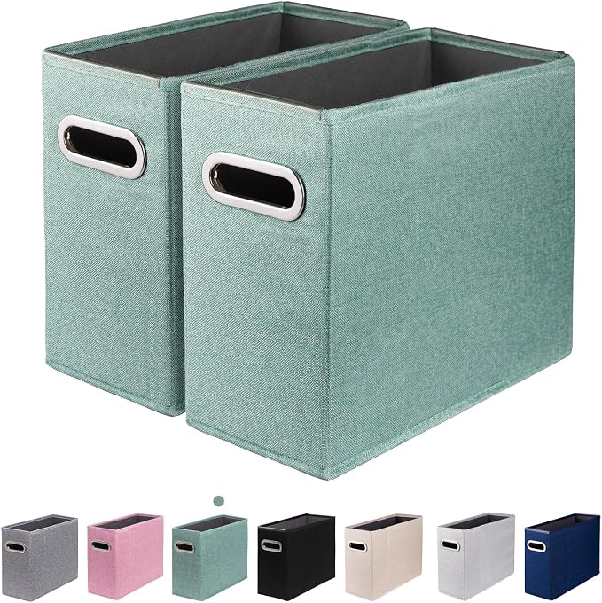 2 Packs Letter Size File Organizer, File Folders Organizer, Fabric Storage Box, Collapsible Paper Organizer with Metal Handle, Smooth PVC Rails, Only Box (Green)