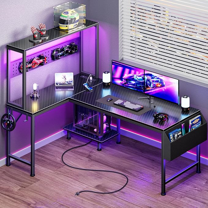 L Shaped Gaming Desk with LED Lights & Power Outlets | Reversible Computer Desk with Storage Shelves & Bag, Large Corner Home Office Desk for Work from Home, Carbon Fiber Black