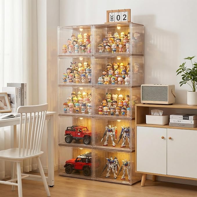 Acrylic Display Case for Collectibles, 4-Tier Clear Display Box with Removable Shelves, Stackable Organizer with Magnetic Door for Figures, 2 Pack