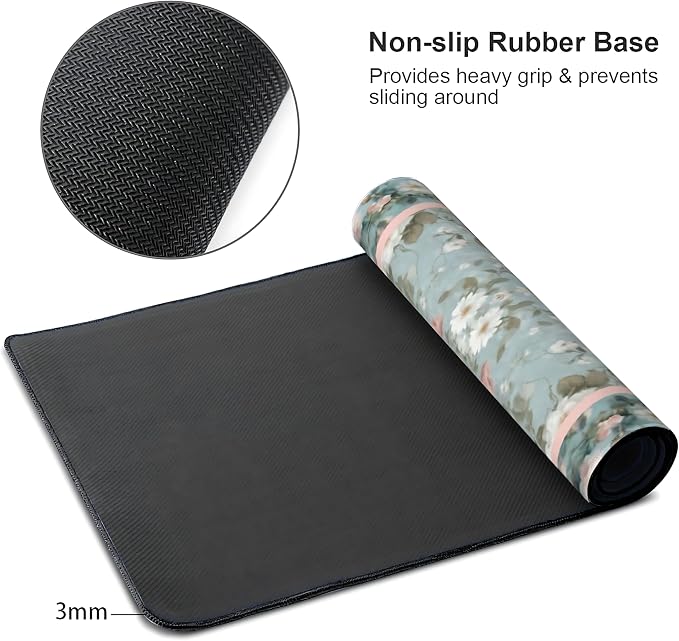Floral Aesthetic Rose Gaming Mouse Pad, Muted Green Rug Desk Mat with Anti-Slip Base & Stitched Edges,35.4" x 15.7" in Desk Accessories for Women, Home Office Decor & Artistic Gift