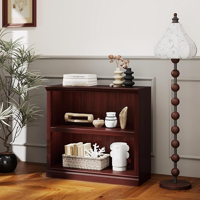 blini 2-Shelf Bookcase Wooden Bookshelves 33in Wide Floor Standing Display Storage Shelves Mahogany Bookcase for Home Office, Living Room, Bed Room