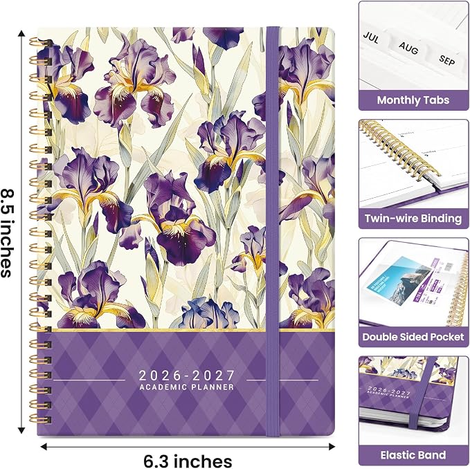 Taja Planner 2026-2027, Jul 2026-Jun 2027 Monthly & Weekly Calendar Planner | 6.3" x 8.5", Hardcover Academic Calendar, Teacher Student Agenda Book with Tabs, School Office Supplies, Purple Iris